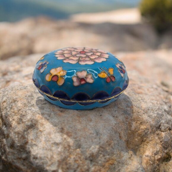 Hand-Painted Floral Cloisonné Trinket Box - Blue & Pink Enamel - 2.5" Diameter - Picture 1 of 10